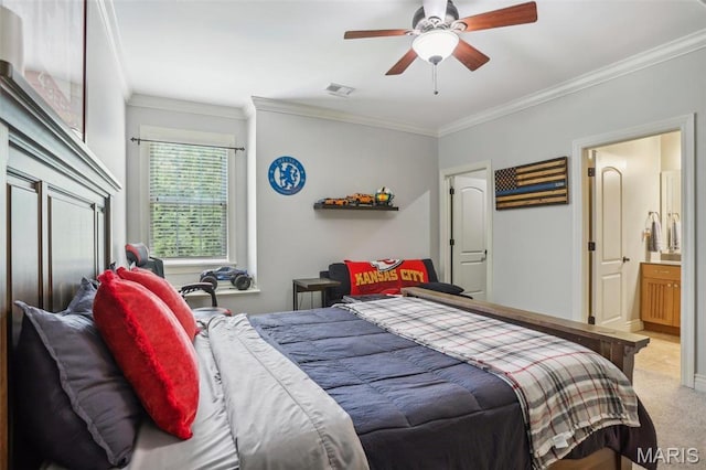 1002 Chesterfield Forest Dr, Wildwood, MO 63005 - bedroom featuring ornamental molding, light carpet, ensuite bathroom, and a ceiling fan