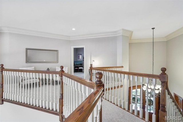 1002 Chesterfield Forest Dr, Wildwood, MO 63005 - hallway with crown molding, an upstairs landing, recessed lighting, and carpet