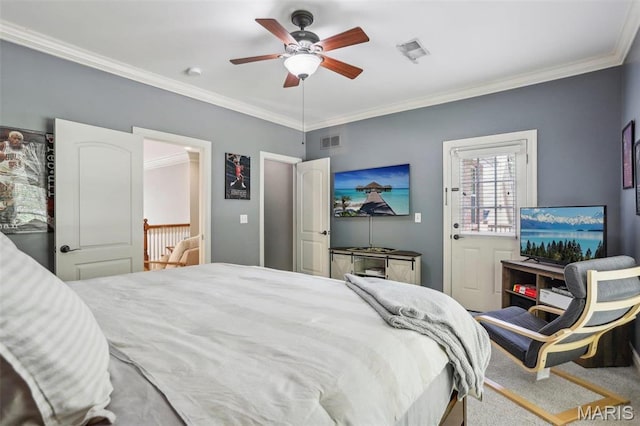 1002 Chesterfield Forest Dr, Wildwood, MO 63005 - bedroom with crown molding, carpet, and ceiling fan