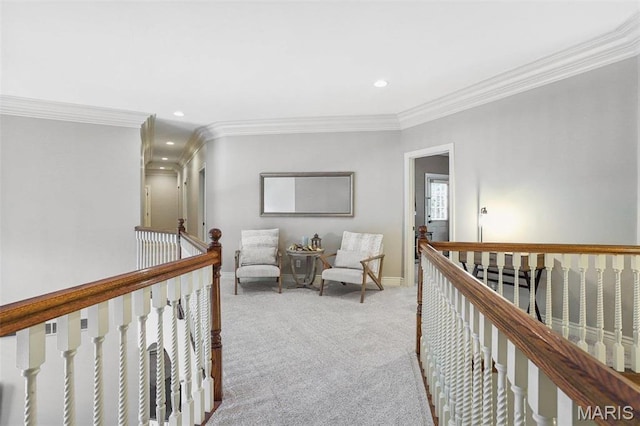 1002 Chesterfield Forest Dr, Wildwood, MO 63005 - hall featuring an upstairs landing, light colored carpet, recessed lighting, ornamental molding, and baseboards
