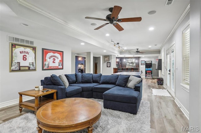 1002 Chesterfield Forest Dr, Wildwood, MO 63005 - living area with a ceiling fan, light wood finished floors, crown molding, recessed lighting, and baseboards