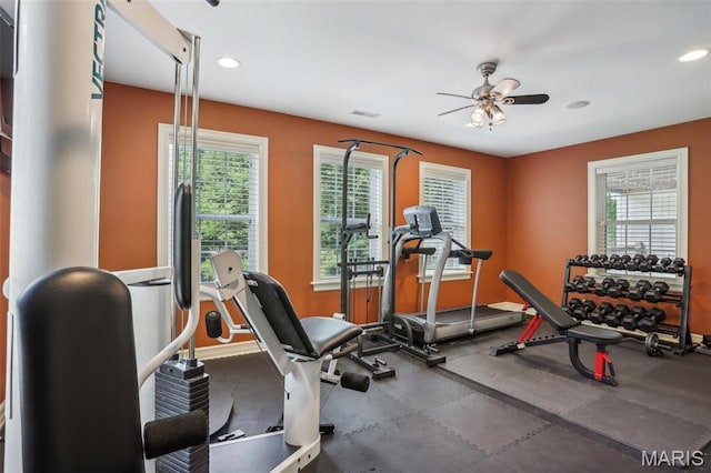 1002 Chesterfield Forest Dr, Wildwood, MO 63005 - workout area with recessed lighting, ceiling fan, and baseboards