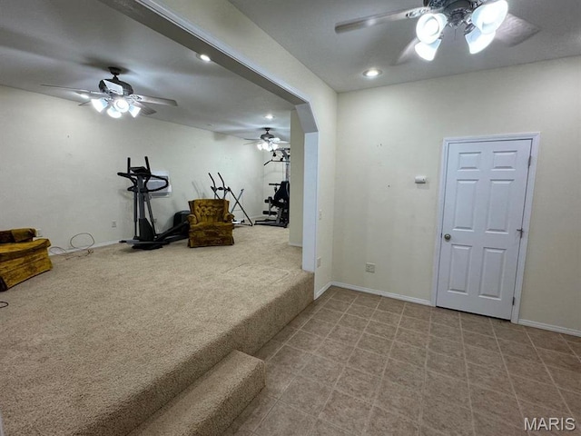 2925 Wayne Ave, Poplar Bluff, MO 63901 - workout area featuring a ceiling fan, baseboards, carpet, and recessed lighting