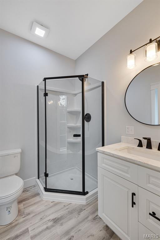 10102 Springer Dr, Bonne Terre, MO 63628 - full bath featuring wood finished floors, a shower stall, vanity, and toilet