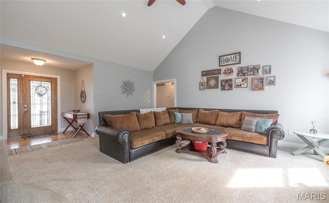 21438 Lancaster Ln, Waynesville, MO 65583 - carpeted living area with high vaulted ceiling, ceiling fan, baseboards, and recessed lighting