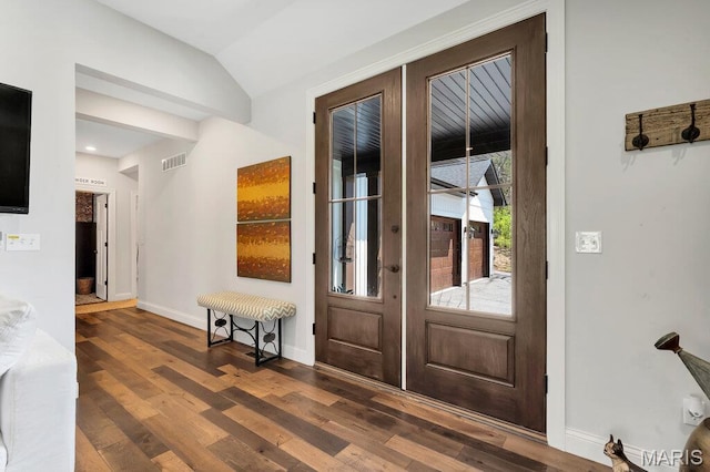 2509 Prairie Hollow Rd, Imperial, MO 63052 - doorway featuring wood finished floors, lofted ceiling, french doors, and baseboards