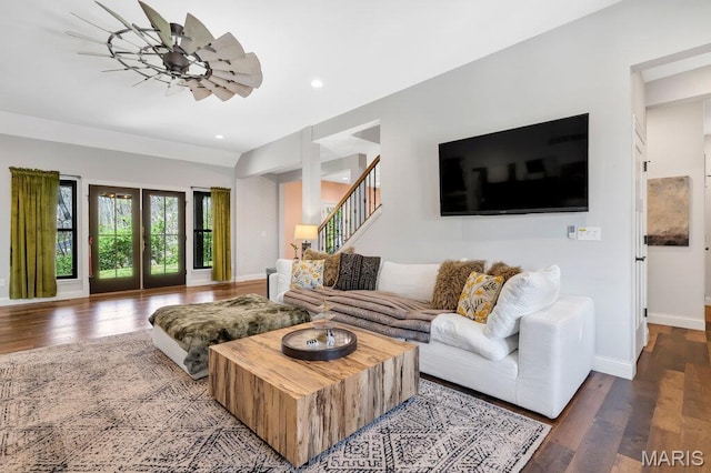 2509 Prairie Hollow Rd, Imperial, MO 63052 - living room with wood finished floors, baseboards, recessed lighting, stairway, and a ceiling fan