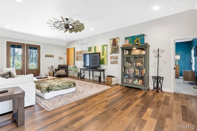 2509 Prairie Hollow Rd, Imperial, MO 63052 - living room with wood finished floors, recessed lighting, french doors, ceiling fan, and baseboards