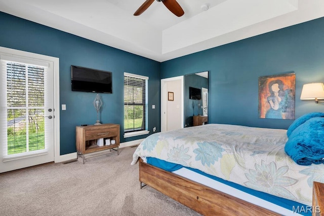 2509 Prairie Hollow Rd, Imperial, MO 63052 - carpeted bedroom featuring a tray ceiling, access to exterior, baseboards, and ceiling fan