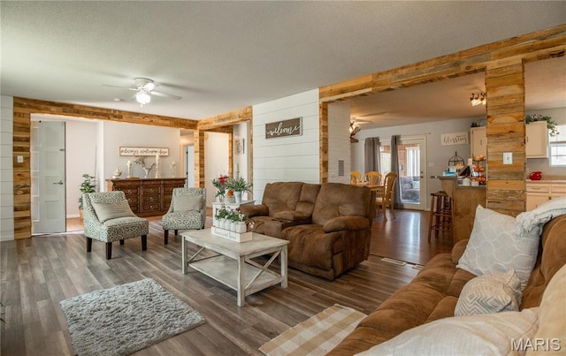 121 Ripley 142e-18, Doniphan, MO 63935 - living area with a ceiling fan, wood walls, plenty of natural light, wood finished floors, and a textured ceiling