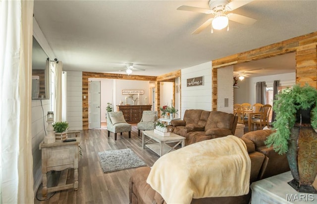 121 Ripley 142e-18, Doniphan, MO 63935 - living room featuring ceiling fan, wood walls, and wood finished floors