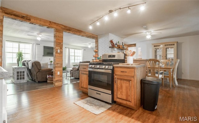121 Ripley 142e-18, Doniphan, MO 63935 - kitchen featuring stainless steel gas range oven, a ceiling fan, light wood-type flooring, open floor plan, and rail lighting