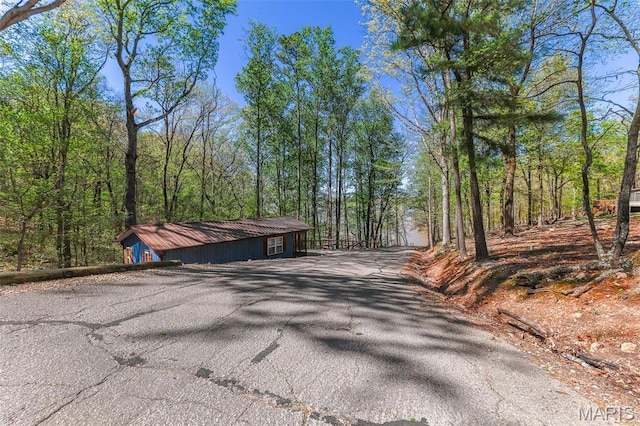 view of road with a forest view