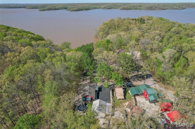 aerial view of a nearby body of water and a heavily wooded area