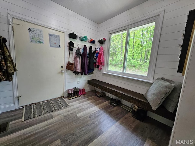 mudroom with wood finished floors and wood walls