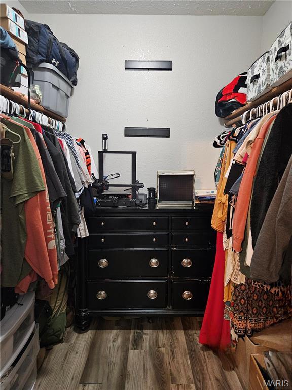 walk in closet with dark wood finished floors