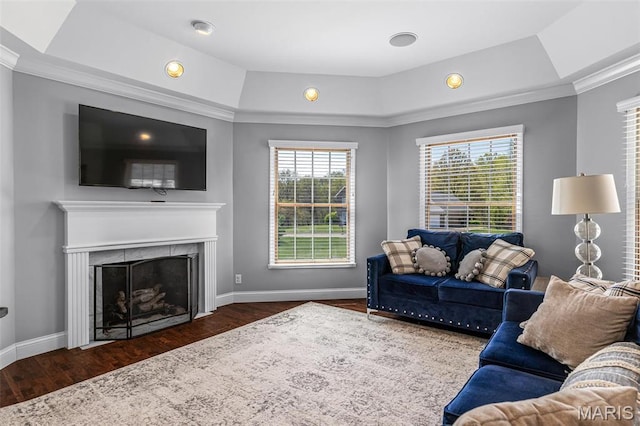 312 Oak Forest Dr, Jackson, MO 63755 - living room with crown molding, wood finished floors, a high end fireplace, and a raised ceiling