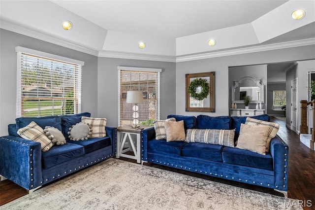 312 Oak Forest Dr, Jackson, MO 63755 - living room featuring wood finished floors, crown molding, a tray ceiling, and recessed lighting
