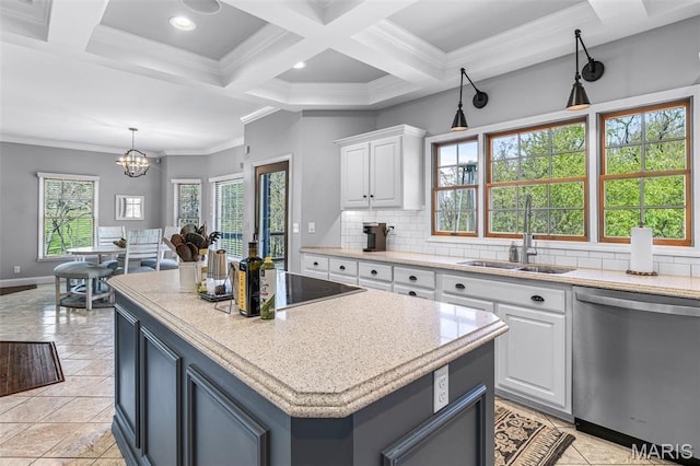 312 Oak Forest Dr, Jackson, MO 63755 - kitchen with dishwasher, a sink, decorative backsplash, white cabinetry, and coffered ceiling