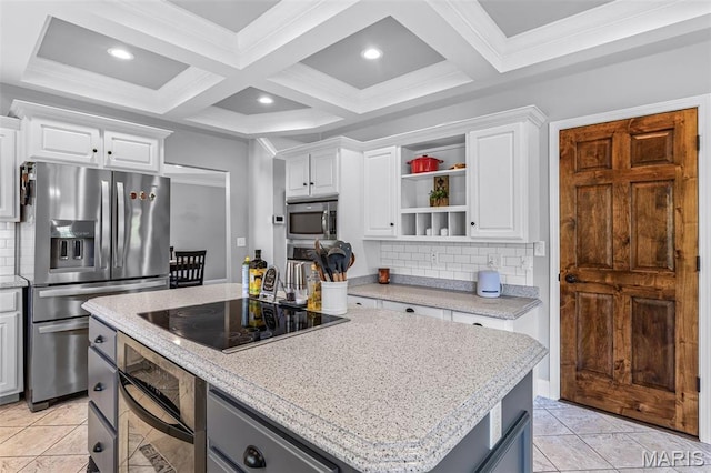 312 Oak Forest Dr, Jackson, MO 63755 - kitchen with black appliances, white cabinetry, a kitchen island, open shelves, and coffered ceiling