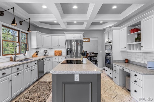 312 Oak Forest Dr, Jackson, MO 63755 - kitchen featuring appliances with stainless steel finishes, a sink, a kitchen island, coffered ceiling, and open shelves