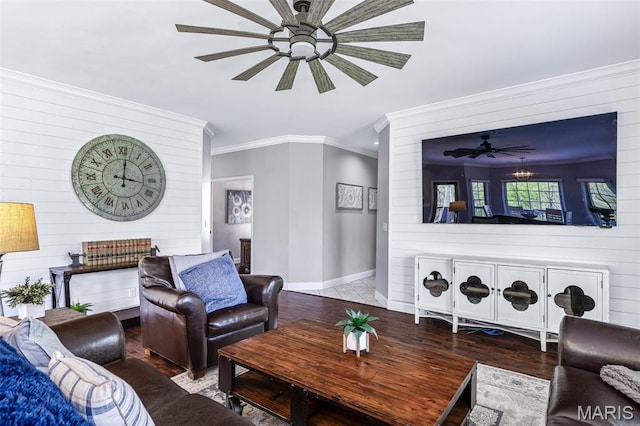 312 Oak Forest Dr, Jackson, MO 63755 - living area with ornamental molding, a ceiling fan, baseboards, wood finished floors, and wooden walls