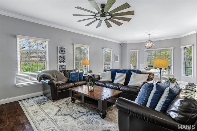 312 Oak Forest Dr, Jackson, MO 63755 - living area with a ceiling fan, baseboards, a chandelier, hardwood / wood-style floors, and ornamental molding
