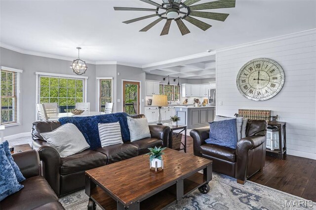 312 Oak Forest Dr, Jackson, MO 63755 - living room featuring wood-type flooring, a chandelier, ceiling fan, baseboards, and crown molding