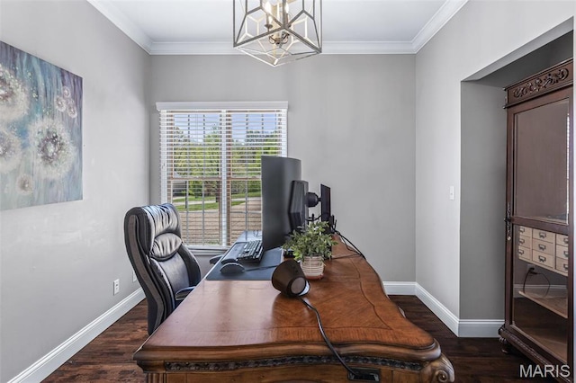 312 Oak Forest Dr, Jackson, MO 63755 - office area with wood finished floors, a chandelier, baseboards, and ornamental molding
