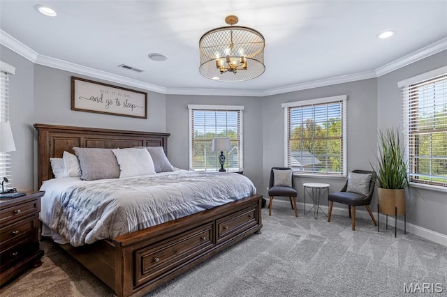 312 Oak Forest Dr, Jackson, MO 63755 - bedroom with carpet floors, crown molding, a chandelier, baseboards, and recessed lighting