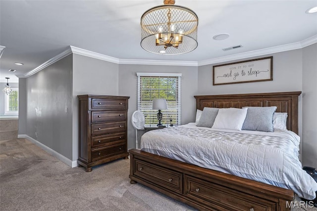 312 Oak Forest Dr, Jackson, MO 63755 - bedroom with a chandelier, ornamental molding, light colored carpet, multiple windows, and baseboards