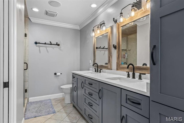 312 Oak Forest Dr, Jackson, MO 63755 - full bath featuring ornamental molding, a shower stall, toilet, baseboards, and tile patterned flooring