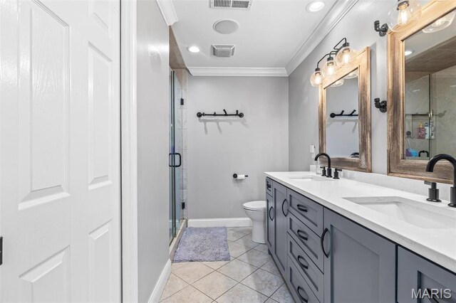312 Oak Forest Dr, Jackson, MO 63755 - full bath featuring crown molding, a shower stall, baseboards, double vanity, and tile patterned flooring