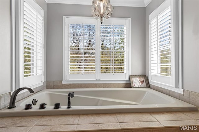 312 Oak Forest Dr, Jackson, MO 63755 - bathroom featuring plenty of natural light, a chandelier, a bath, and crown molding
