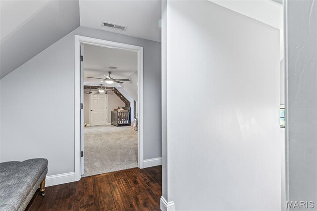 312 Oak Forest Dr, Jackson, MO 63755 - hallway featuring wood finished floors, baseboards, and vaulted ceiling