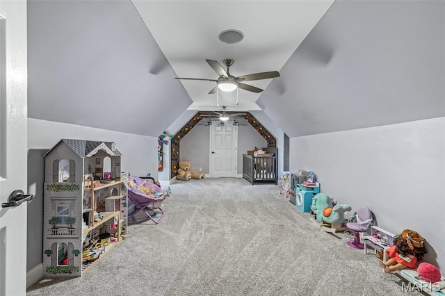 312 Oak Forest Dr, Jackson, MO 63755 - rec room with ceiling fan, lofted ceiling, carpet flooring, and baseboards