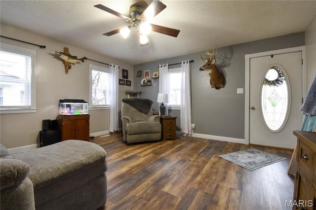 311 S Hibbard St, Staunton, IL 62088 - living area with ceiling fan, healthy amount of natural light, dark wood-type flooring, a textured ceiling, and baseboards