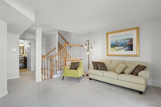 1709 Highview Circle Ct, Ballwin, MO 63021 - carpeted living room featuring stairway and baseboards