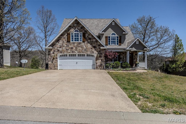 craftsman inspired home with driveway, stone siding, a porch, a front yard, and an attached garage
