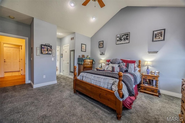 carpeted bedroom with baseboards, vaulted ceiling, recessed lighting, and ceiling fan