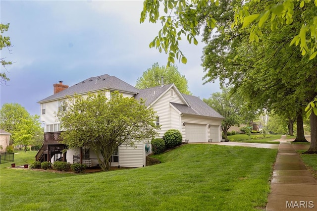 view of property exterior with stairs, a lawn, a wooden deck, a garage, and concrete driveway