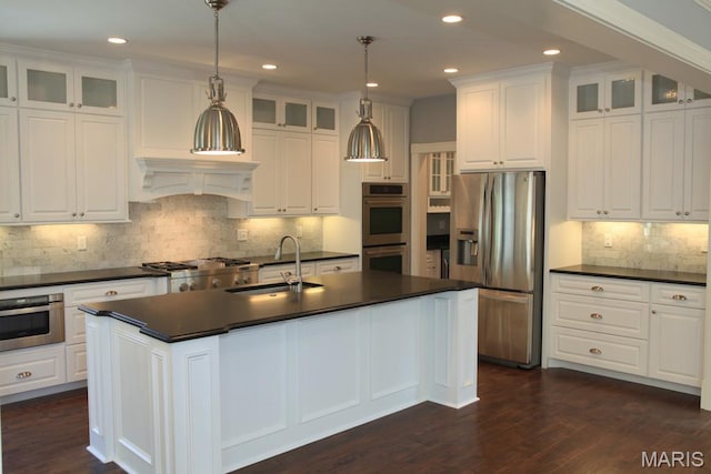 420 W Rose Hill, Saint Louis, MO 63122 - kitchen with dark countertops, appliances with stainless steel finishes, tasteful backsplash, white cabinetry, and recessed lighting