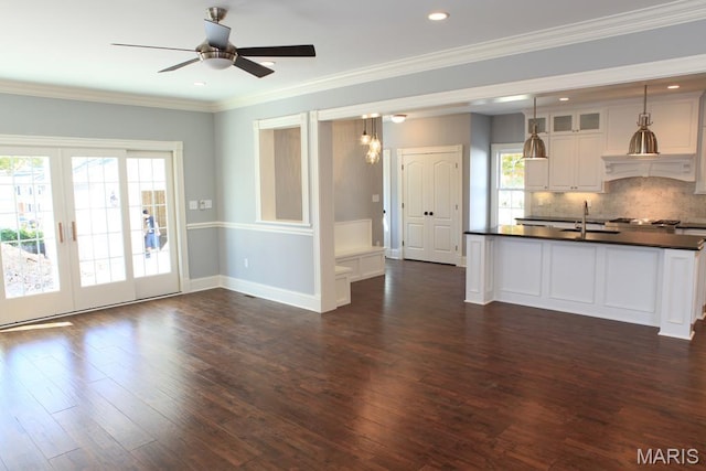 420 W Rose Hill, Saint Louis, MO 63122 - kitchen with dark countertops, dark wood-type flooring, decorative backsplash, a ceiling fan, and white cabinets