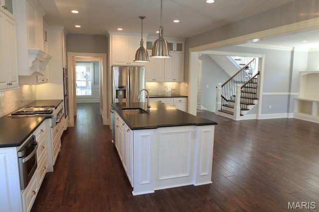 420 W Rose Hill, Saint Louis, MO 63122 - kitchen with dark countertops, appliances with stainless steel finishes, dark wood-type flooring, white cabinetry, and glass insert cabinets