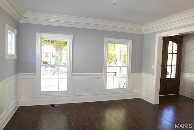 420 W Rose Hill, Saint Louis, MO 63122 - spare room with wainscoting, plenty of natural light, dark wood-style flooring, crown molding, and a decorative wall