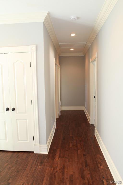 420 W Rose Hill, Saint Louis, MO 63122 - hallway with ornamental molding, wood finished floors, and recessed lighting