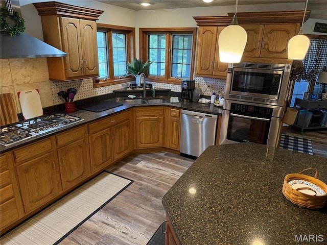 kitchen with stainless steel appliances, wall chimney exhaust hood, a sink, light wood finished floors, and decorative light fixtures