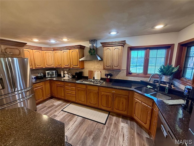 kitchen with appliances with stainless steel finishes, wall chimney exhaust hood, a sink, light wood-style floors, and decorative backsplash