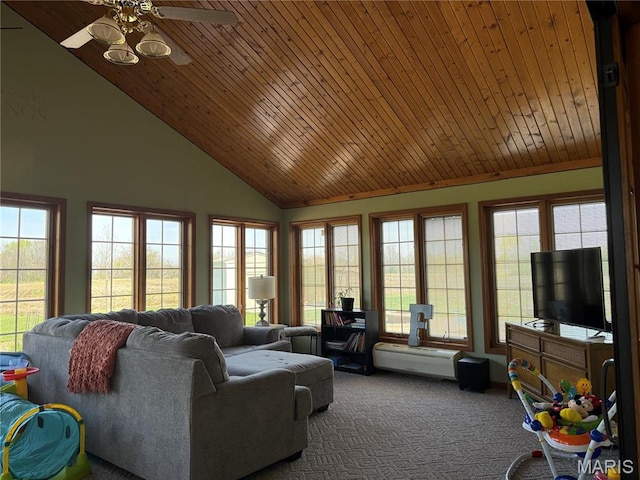 living room with ceiling fan, high vaulted ceiling, carpet flooring, and wooden ceiling