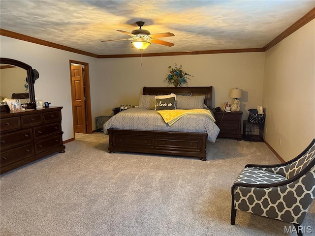 bedroom featuring light carpet, ceiling fan, and baseboards